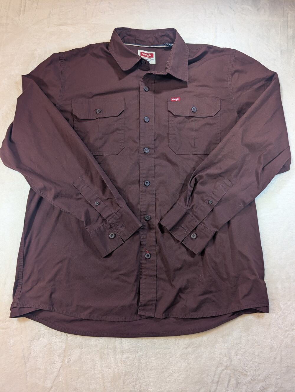 Wrangler Mens L Brown Button Front Work Shirt Long Sleeve Utility Cotton